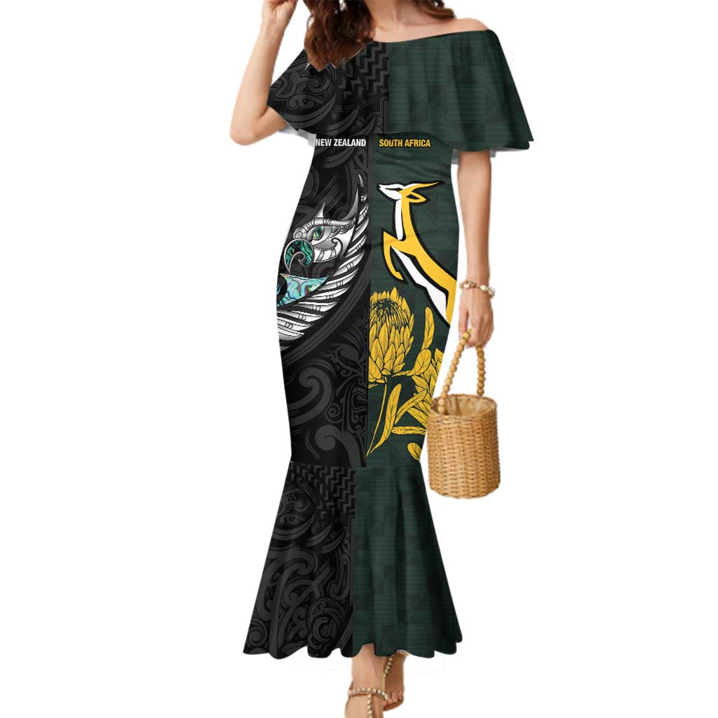New Zealand and South Africa Rugby Custom Family Matching Mermaid Dress and Hawaiian Shirt Silver Fern With Springboks LT15 Mom's Dress Black - Polynesian Pride