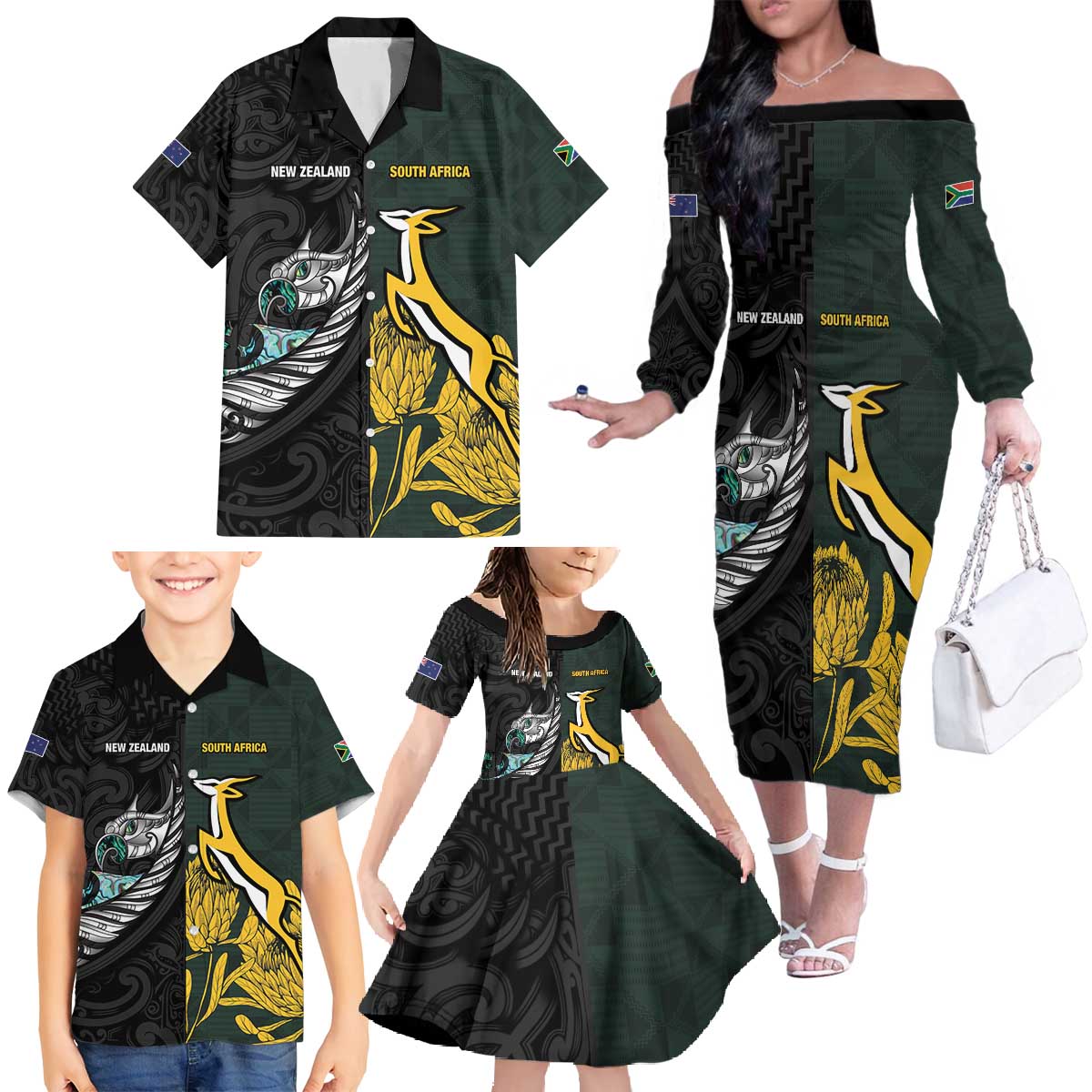 New Zealand and South Africa Rugby Custom Family Matching Off The Shoulder Long Sleeve Dress and Hawaiian Shirt Silver Fern With Springboks LT15 - Polynesian Pride