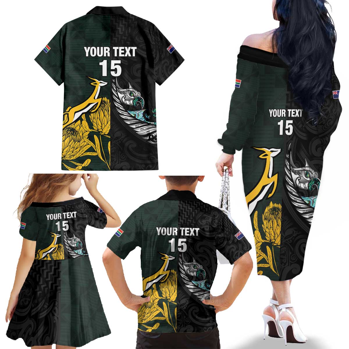New Zealand and South Africa Rugby Custom Family Matching Off The Shoulder Long Sleeve Dress and Hawaiian Shirt Silver Fern With Springboks LT15 - Polynesian Pride