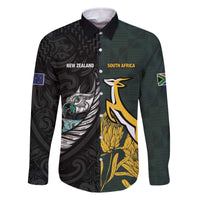 New Zealand and South Africa Rugby Custom Family Matching Off The Shoulder Long Sleeve Dress and Hawaiian Shirt Silver Fern With Springboks LT15 Dad's Shirt - Long Sleeve Black - Polynesian Pride