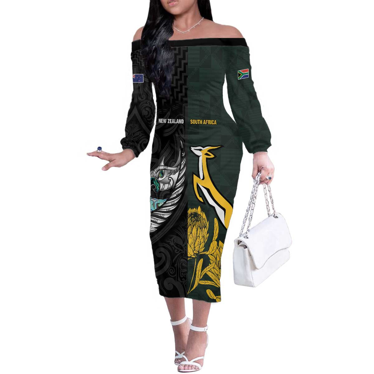 New Zealand and South Africa Rugby Custom Family Matching Off The Shoulder Long Sleeve Dress and Hawaiian Shirt Silver Fern With Springboks LT15 Mom's Dress Black - Polynesian Pride