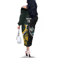 New Zealand and South Africa Rugby Custom Family Matching Off The Shoulder Long Sleeve Dress and Hawaiian Shirt Silver Fern With Springboks LT15 - Polynesian Pride