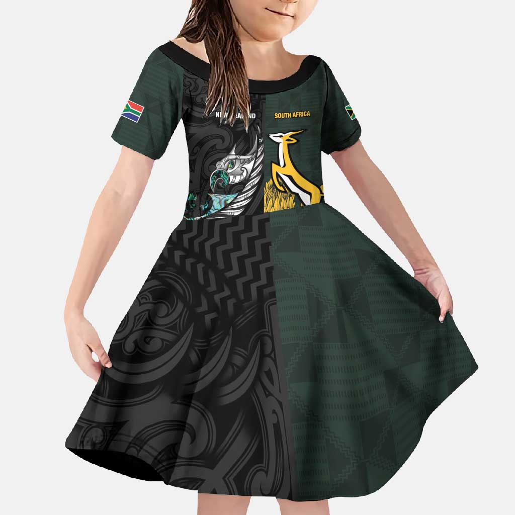 New Zealand and South Africa Rugby Custom Family Matching Off Shoulder Maxi Dress and Hawaiian Shirt Silver Fern With Springboks LT15 Daughter's Dress Black - Polynesian Pride