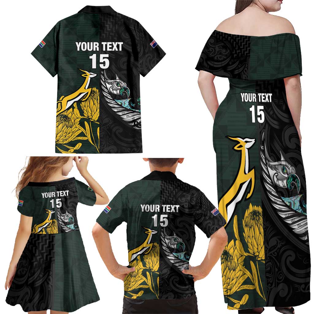 New Zealand and South Africa Rugby Custom Family Matching Off Shoulder Maxi Dress and Hawaiian Shirt Silver Fern With Springboks LT15 - Polynesian Pride