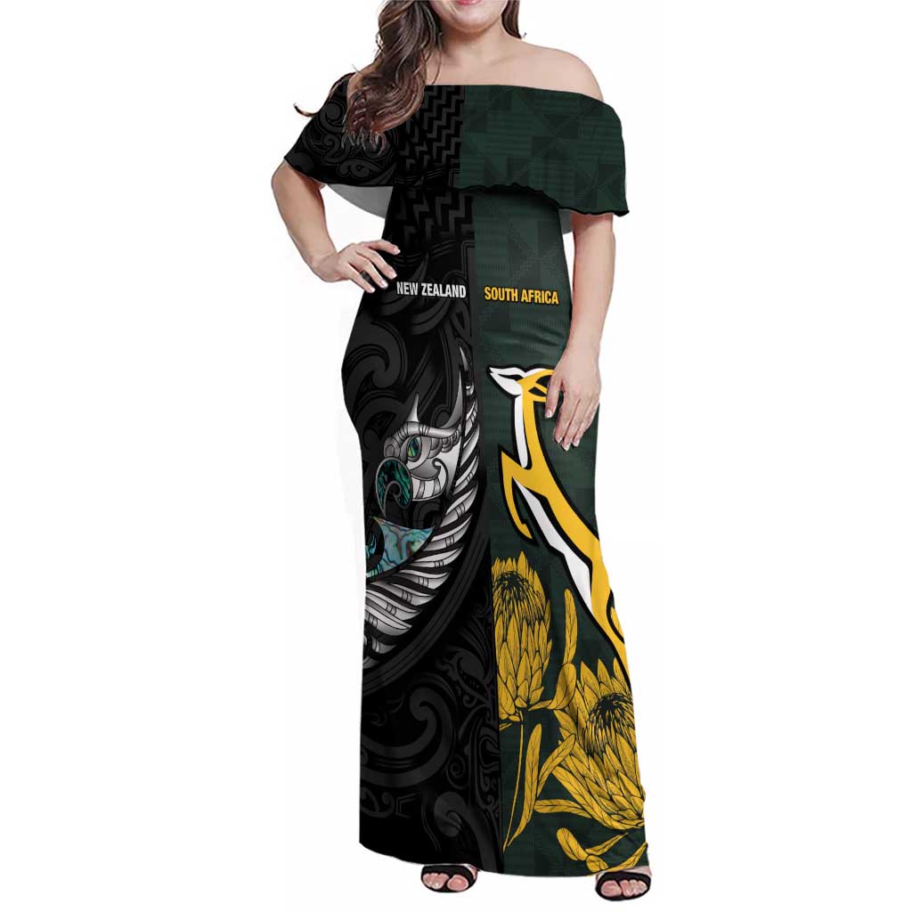 New Zealand and South Africa Rugby Custom Family Matching Off Shoulder Maxi Dress and Hawaiian Shirt Silver Fern With Springboks LT15 Mom's Dress Black - Polynesian Pride