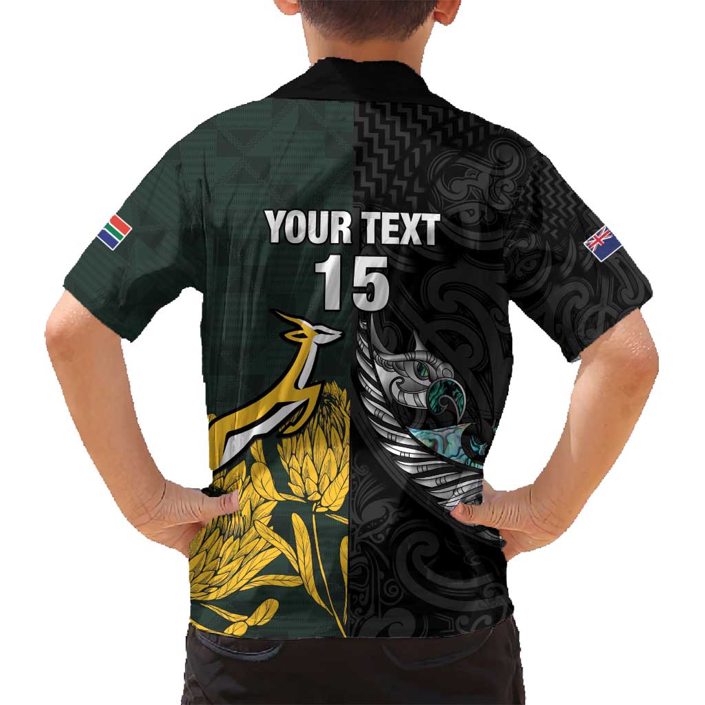 New Zealand and South Africa Rugby Custom Family Matching Off Shoulder Short Dress and Hawaiian Shirt Silver Fern With Springboks LT15 - Polynesian Pride