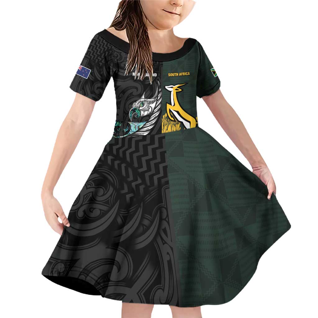 New Zealand and South Africa Rugby Custom Family Matching Off Shoulder Short Dress and Hawaiian Shirt Silver Fern With Springboks LT15 Daughter's Dress Black - Polynesian Pride