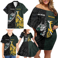 New Zealand and South Africa Rugby Custom Family Matching Off Shoulder Short Dress and Hawaiian Shirt Silver Fern With Springboks LT15 - Polynesian Pride