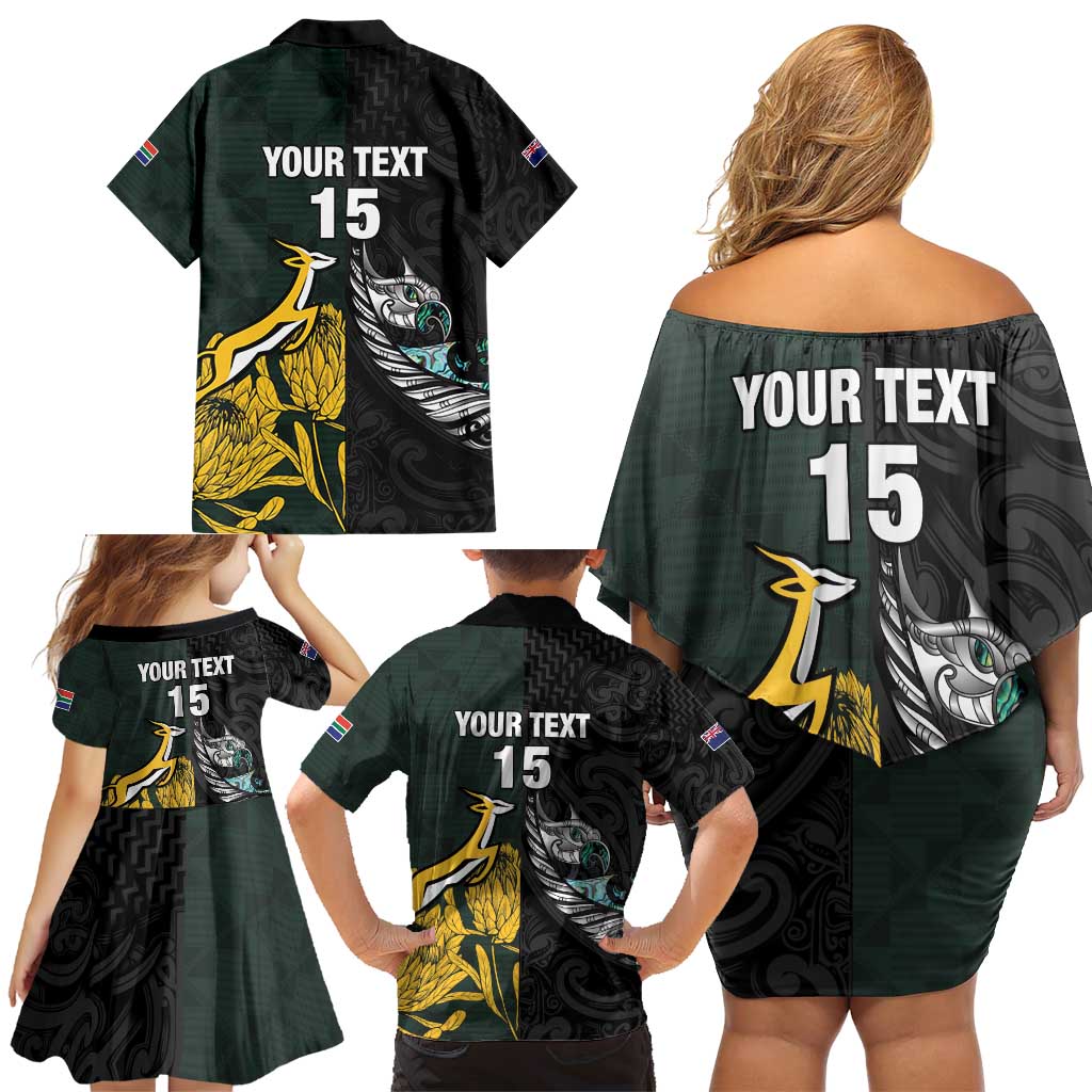 New Zealand and South Africa Rugby Custom Family Matching Off Shoulder Short Dress and Hawaiian Shirt Silver Fern With Springboks LT15 - Polynesian Pride