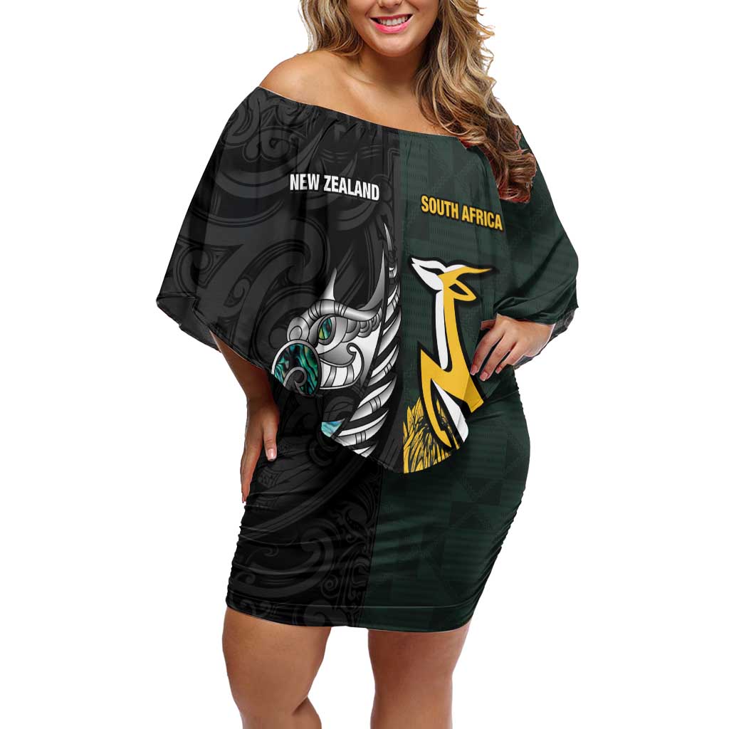 New Zealand and South Africa Rugby Custom Family Matching Off Shoulder Short Dress and Hawaiian Shirt Silver Fern With Springboks LT15 Mom's Dress Black - Polynesian Pride