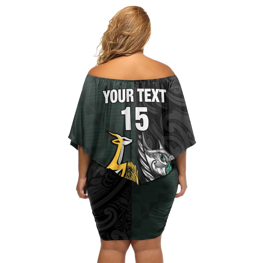 New Zealand and South Africa Rugby Custom Family Matching Off Shoulder Short Dress and Hawaiian Shirt Silver Fern With Springboks LT15 - Polynesian Pride