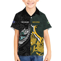 New Zealand and South Africa Rugby Custom Family Matching Off Shoulder Short Dress and Hawaiian Shirt Silver Fern With Springboks LT15 Son's Shirt Black - Polynesian Pride