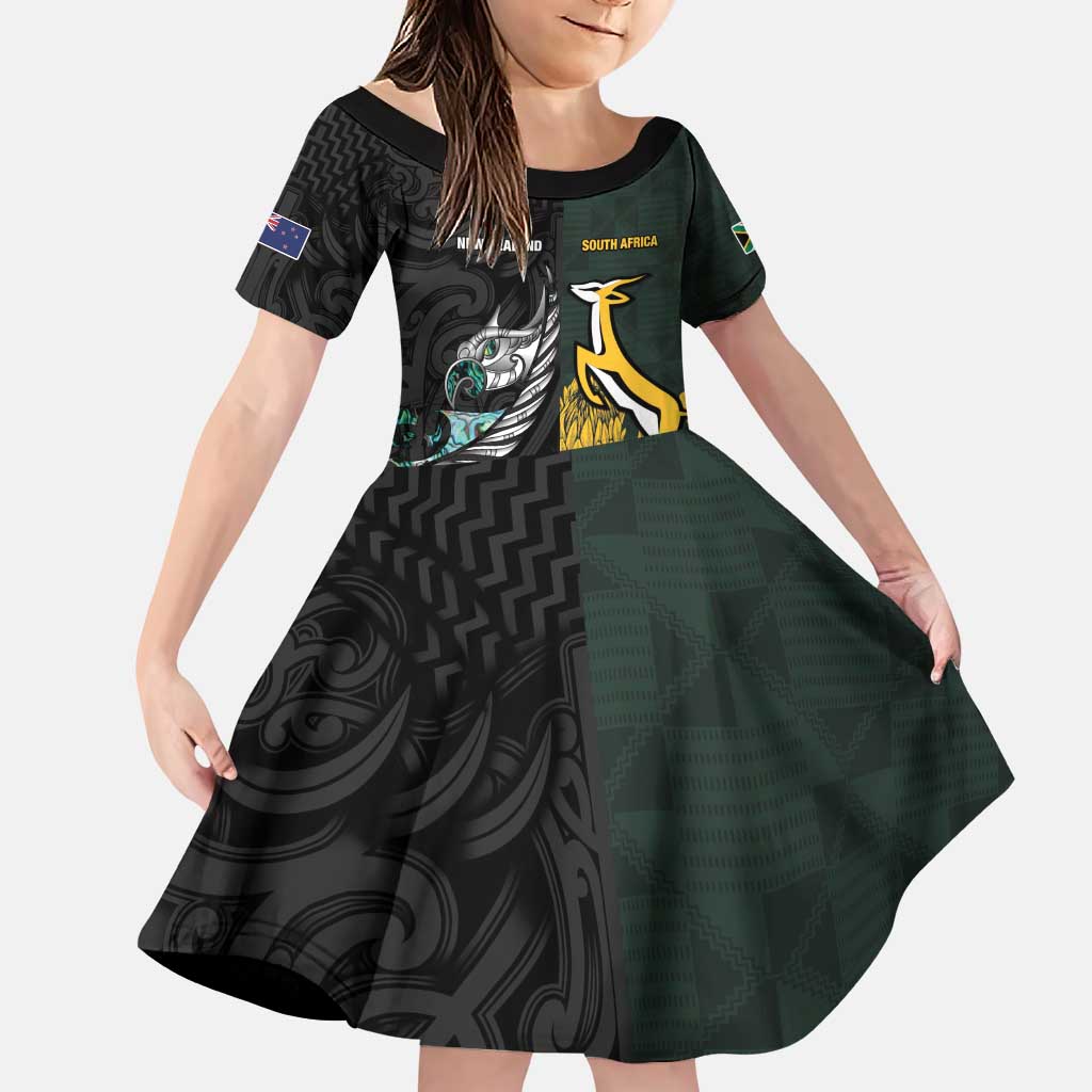 New Zealand and South Africa Rugby Custom Family Matching Puletasi and Hawaiian Shirt Silver Fern With Springboks LT15 Daughter's Dress Black - Polynesian Pride
