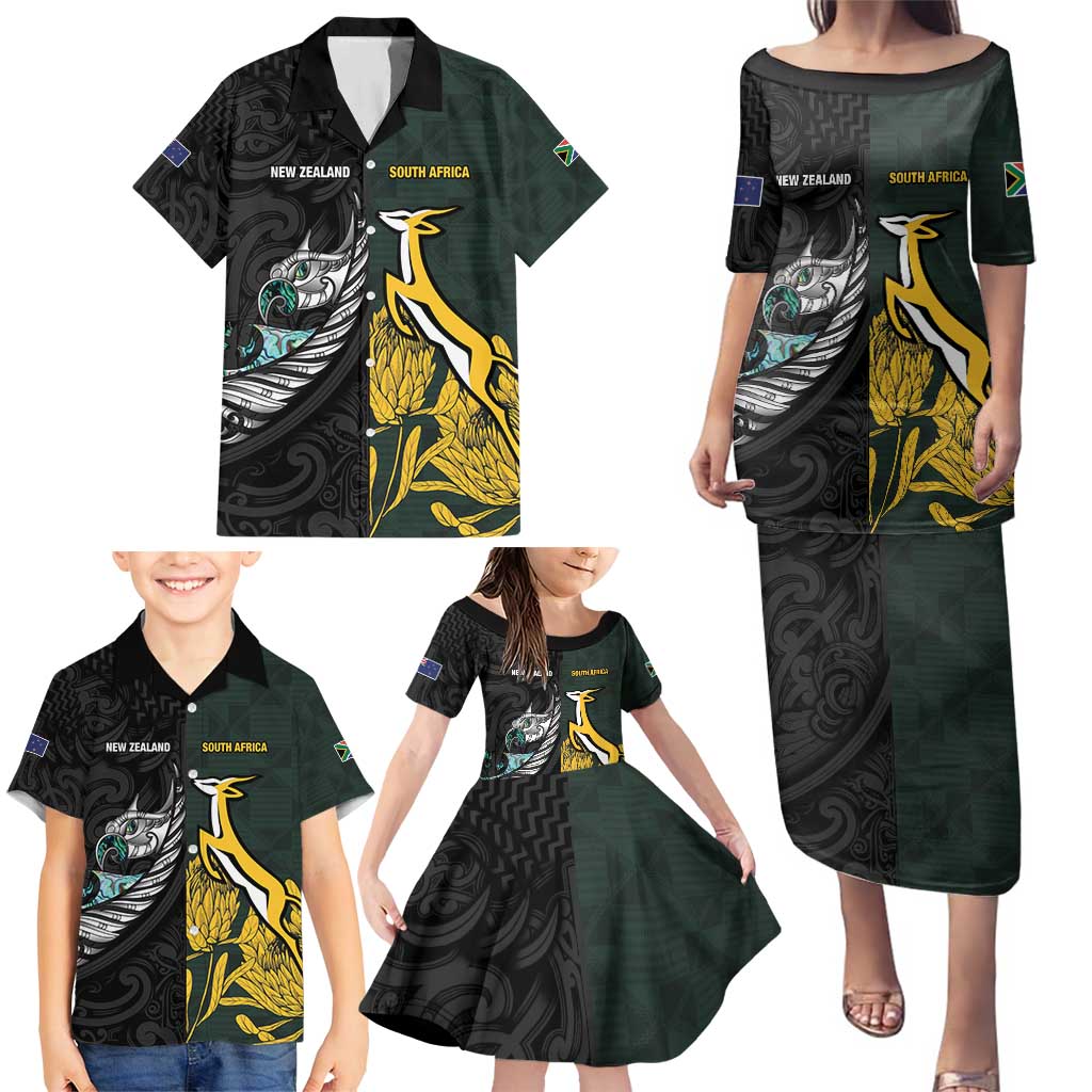 New Zealand and South Africa Rugby Custom Family Matching Puletasi and Hawaiian Shirt Silver Fern With Springboks LT15 - Polynesian Pride