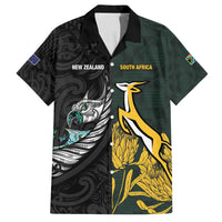 New Zealand and South Africa Rugby Custom Family Matching Puletasi and Hawaiian Shirt Silver Fern With Springboks LT15 Dad's Shirt - Short Sleeve Black - Polynesian Pride