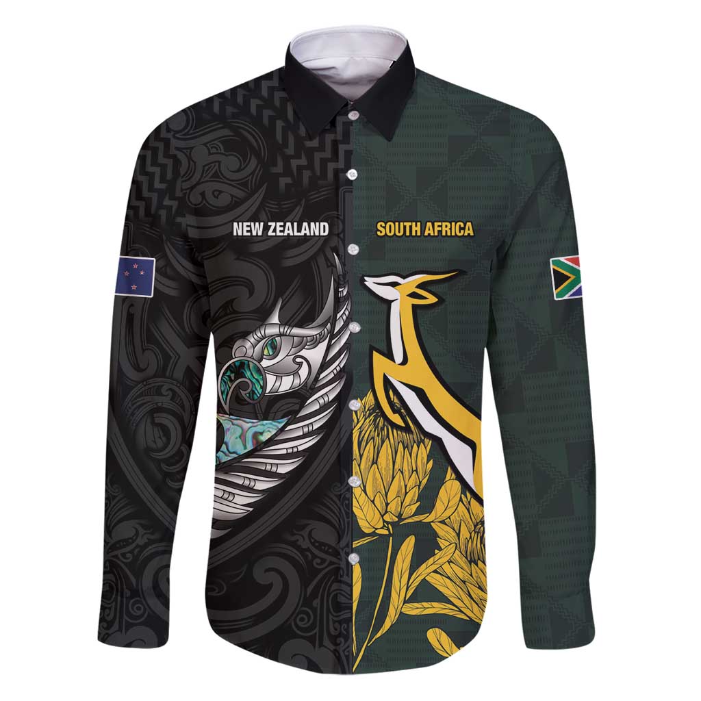New Zealand and South Africa Rugby Custom Family Matching Puletasi and Hawaiian Shirt Silver Fern With Springboks LT15 Dad's Shirt - Long Sleeve Black - Polynesian Pride