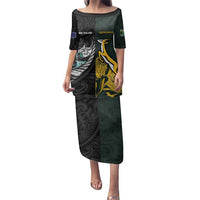 New Zealand and South Africa Rugby Custom Family Matching Puletasi and Hawaiian Shirt Silver Fern With Springboks LT15 Mom's Dress Black - Polynesian Pride