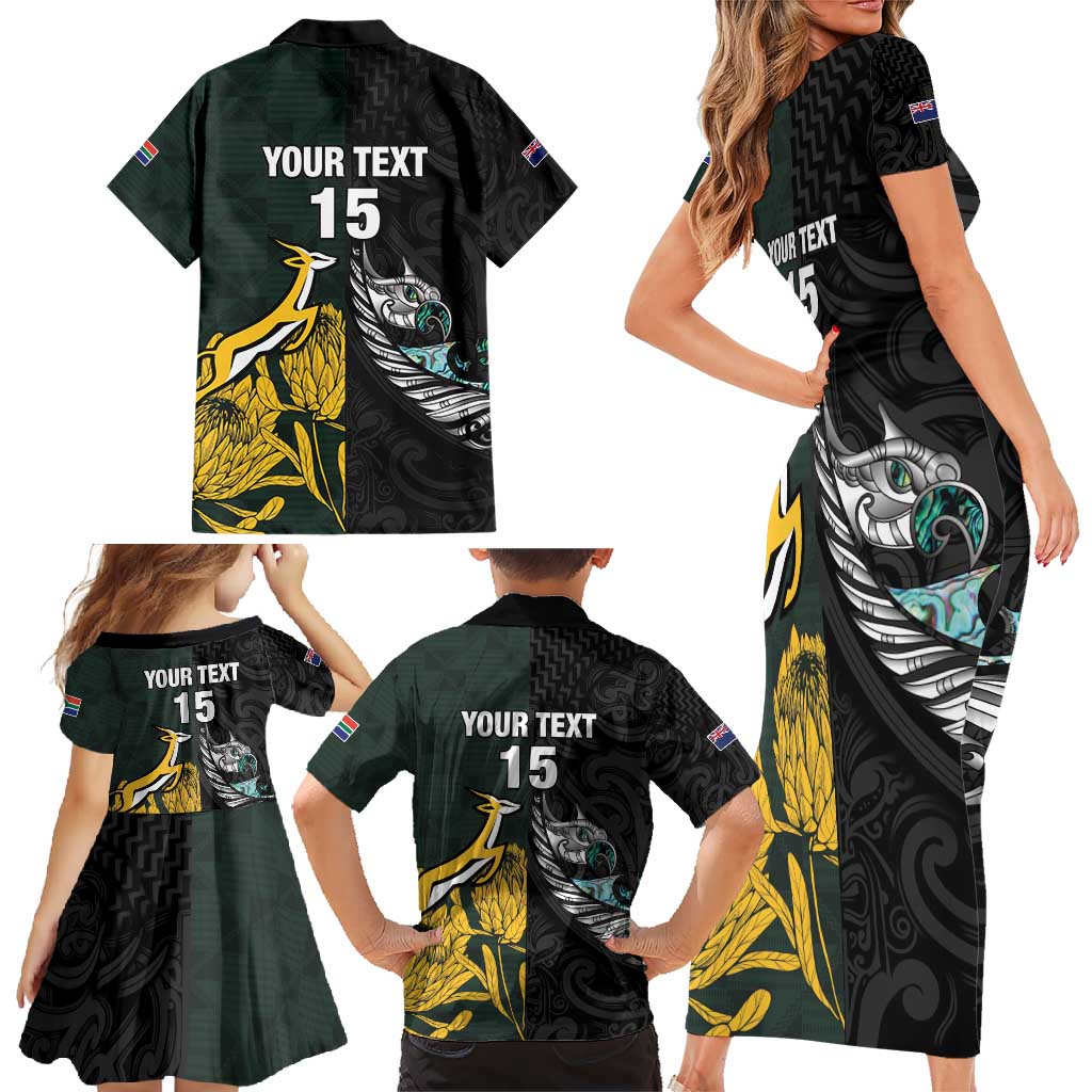 New Zealand and South Africa Rugby Custom Family Matching Short Sleeve Bodycon Dress and Hawaiian Shirt Silver Fern With Springboks LT15 - Polynesian Pride