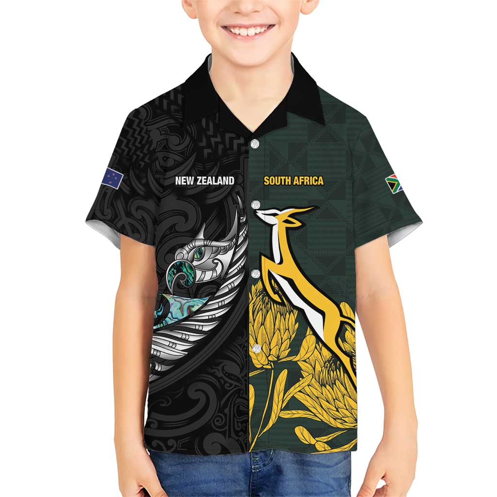 New Zealand and South Africa Rugby Custom Family Matching Short Sleeve Bodycon Dress and Hawaiian Shirt Silver Fern With Springboks LT15 Son's Shirt Black - Polynesian Pride