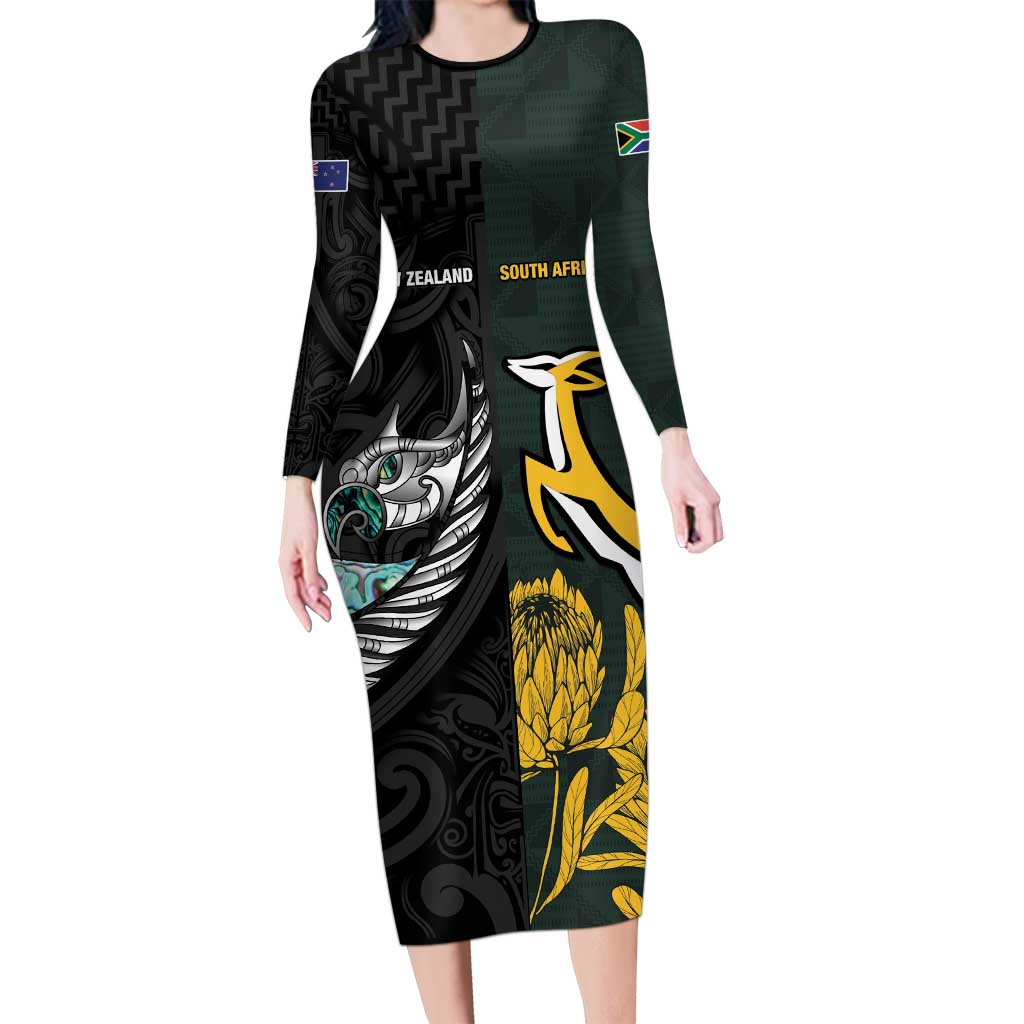 New Zealand and South Africa Rugby Custom Long Sleeve Bodycon Dress Silver Fern With Springboks LT15 Long Dress Black - Polynesian Pride