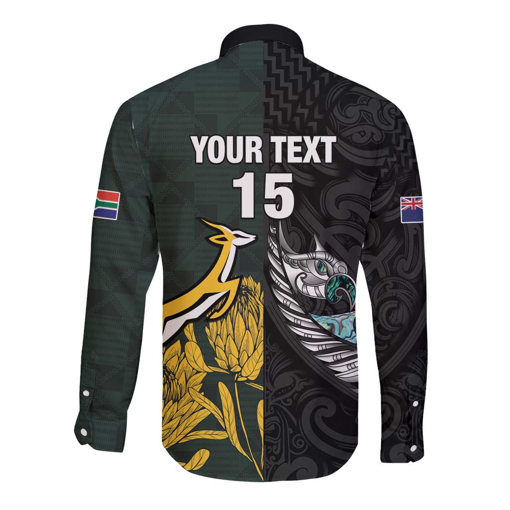 New Zealand and South Africa Rugby Custom Long Sleeve Button Shirt Silver Fern With Springboks