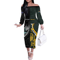 New Zealand and South Africa Rugby Custom Off The Shoulder Long Sleeve Dress Silver Fern With Springboks LT15 Women Black - Polynesian Pride