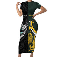 New Zealand and South Africa Rugby Custom Short Sleeve Bodycon Dress Silver Fern With Springboks LT15 Long Dress Black - Polynesian Pride