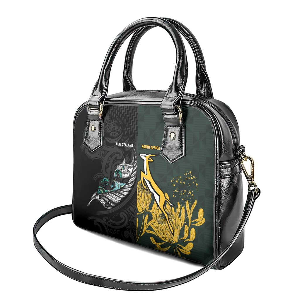 New Zealand and South Africa Rugby Shoulder Handbag Silver Fern With Springboks