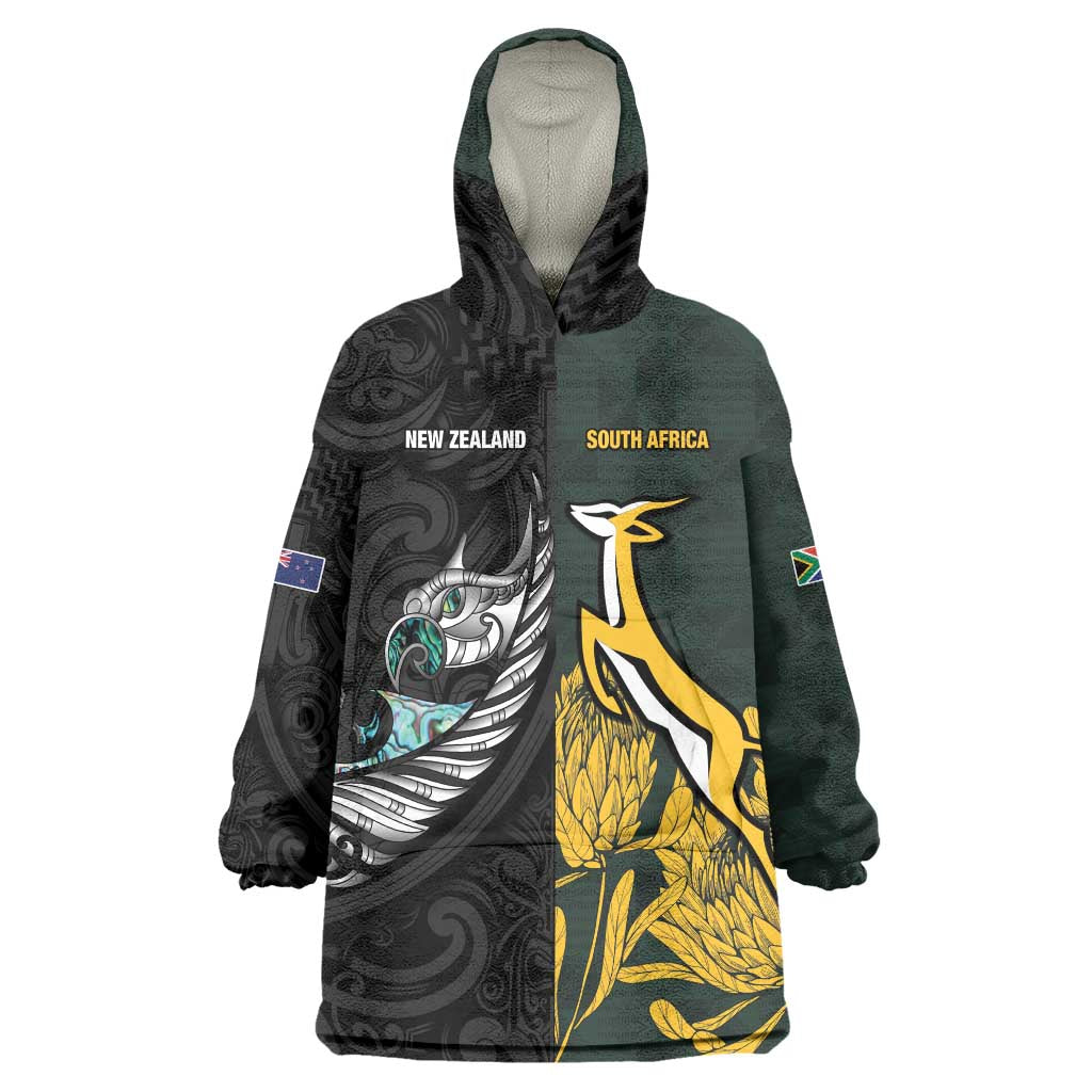 New Zealand and South Africa Rugby Custom Wearable Blanket Hoodie Silver Fern With Springboks LT15 One Size Black - Polynesian Pride