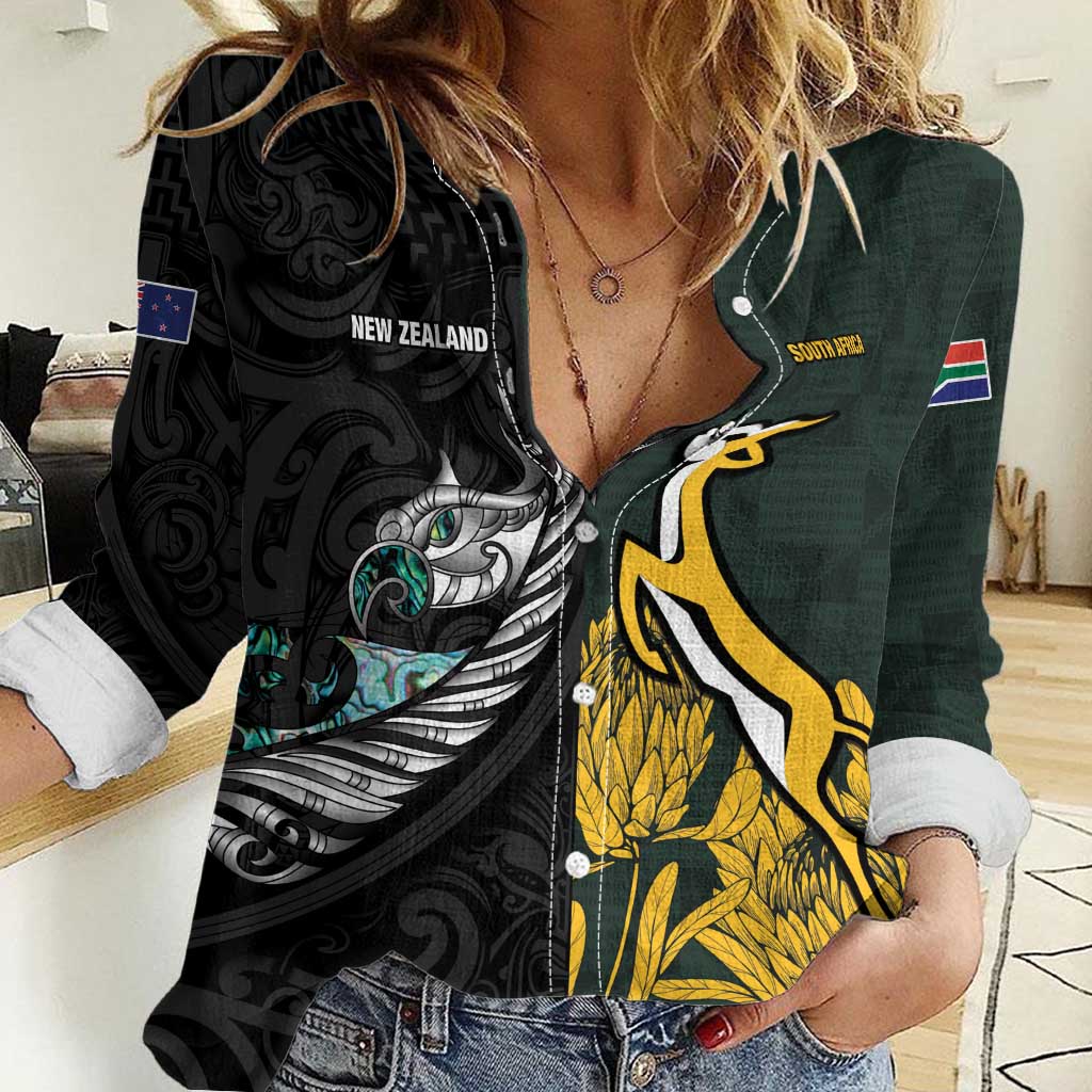 New Zealand and South Africa Rugby Custom Women Casual Shirt Silver Fern With Springboks LT15 Female Black - Polynesian Pride