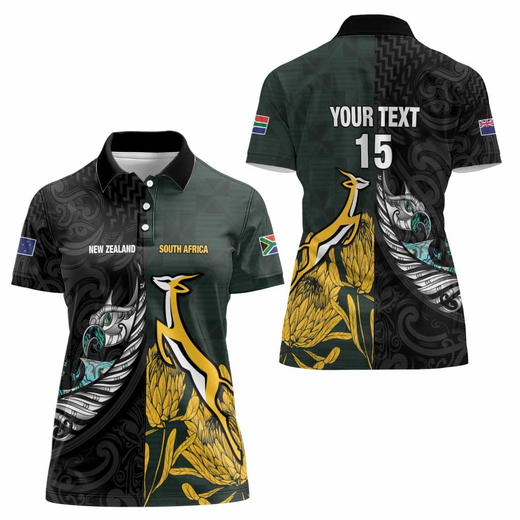 New Zealand and South Africa Rugby Custom Women Polo Shirt Silver Fern With Springboks LT15 - Polynesian Pride