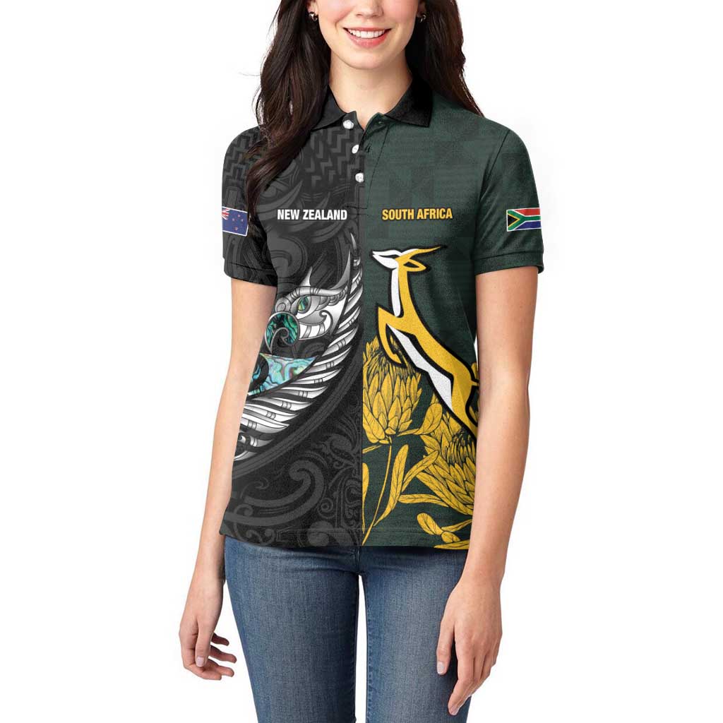 New Zealand and South Africa Rugby Custom Women Polo Shirt Silver Fern With Springboks LT15 - Polynesian Pride