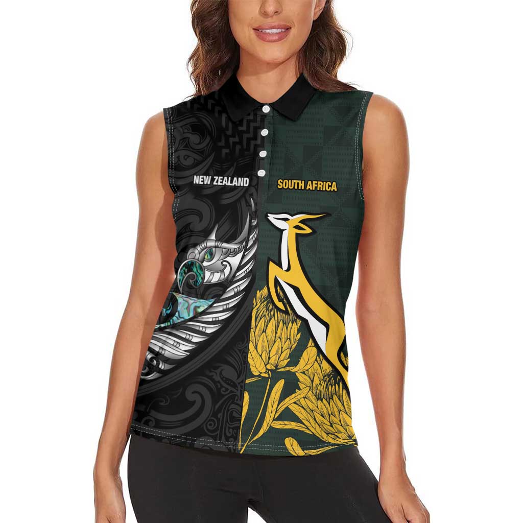 New Zealand and South Africa Rugby Custom Women Sleeveless Polo Shirt Silver Fern With Springboks LT15 - Polynesian Pride