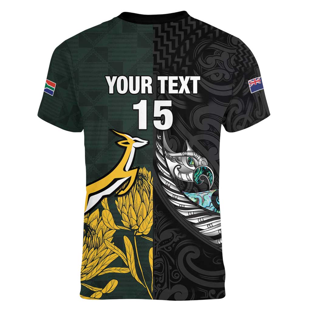 New Zealand and South Africa Rugby Custom Women V-Neck T-Shirt Silver Fern With Springboks