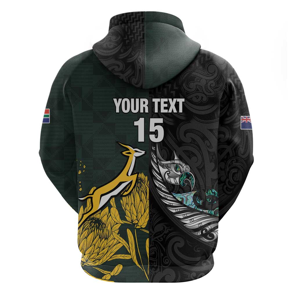 New Zealand and South Africa Rugby Custom Zip Hoodie Silver Fern With Springboks