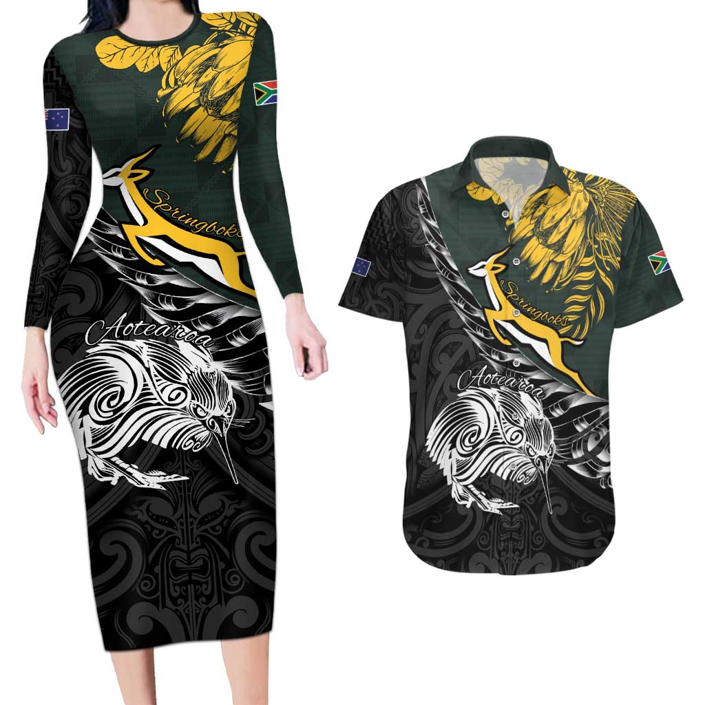 New Zealand and South Africa Rugby Personalised Couples Matching Long Sleeve Bodycon Dress and Hawaiian Shirt Maori Kiwi With Springboks LT15 Black - Polynesian Pride
