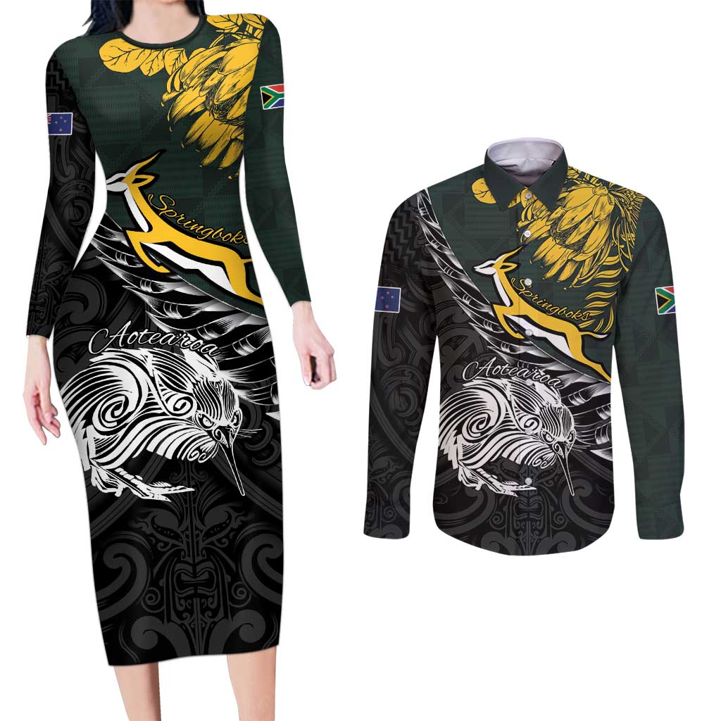 New Zealand and South Africa Rugby Personalised Couples Matching Long Sleeve Bodycon Dress and Long Sleeve Button Shirt Maori Kiwi With Springboks LT15 Black - Polynesian Pride