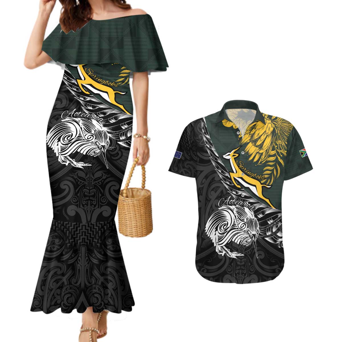 New Zealand and South Africa Rugby Personalised Couples Matching Mermaid Dress and Hawaiian Shirt Maori Kiwi With Springboks LT15 Black - Polynesian Pride