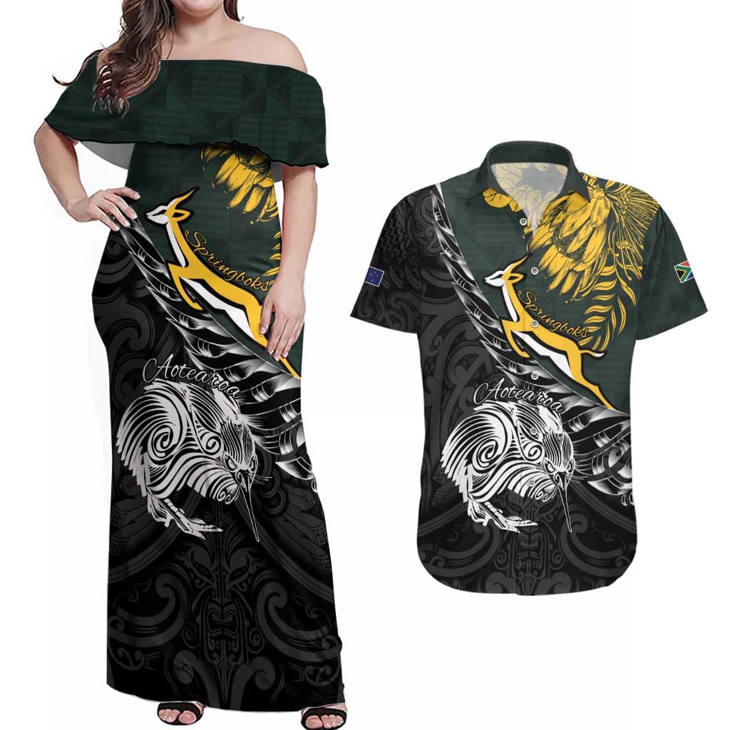 New Zealand and South Africa Rugby Personalised Couples Matching Off Shoulder Maxi Dress and Hawaiian Shirt Maori Kiwi With Springboks LT15 Black - Polynesian Pride