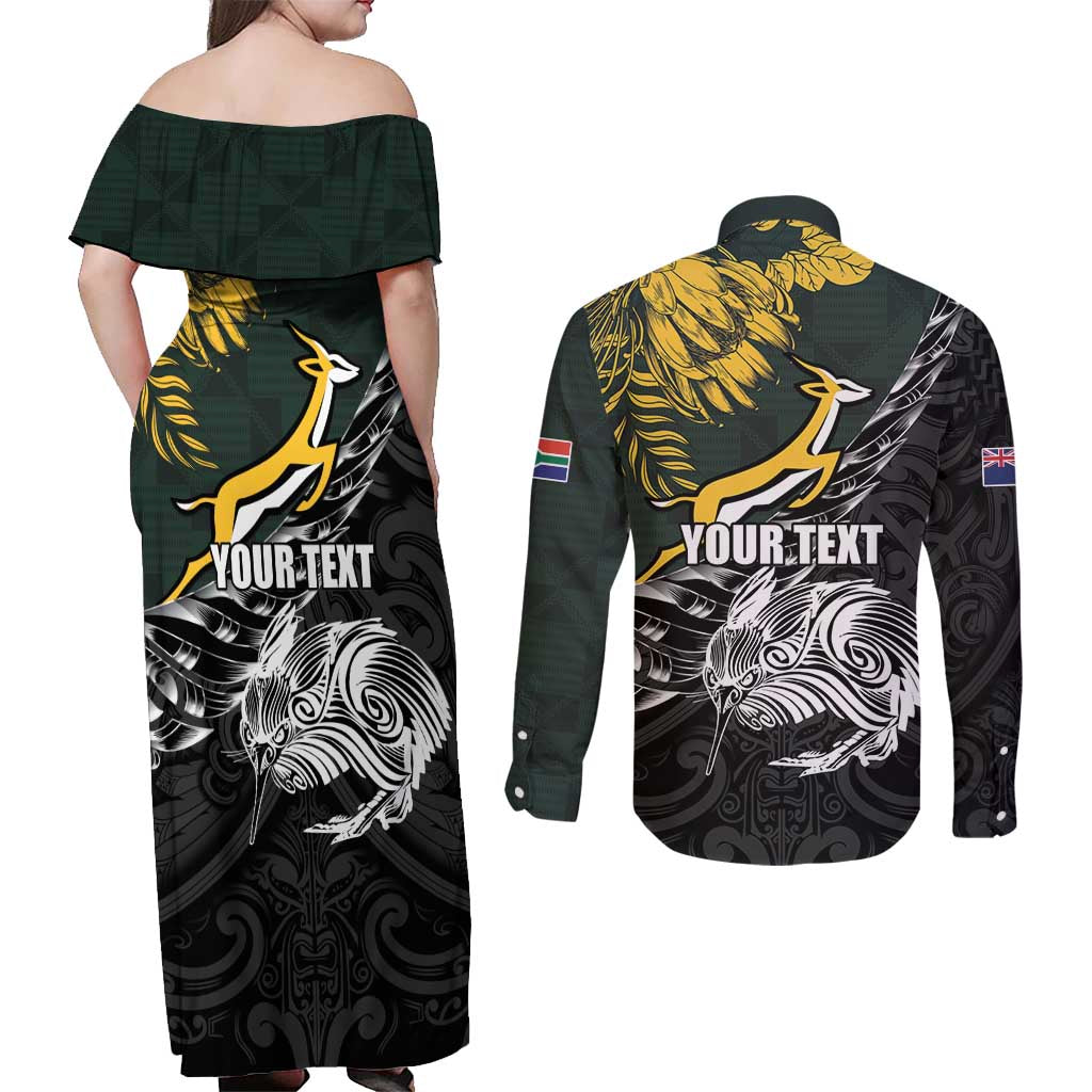 New Zealand and South Africa Rugby Personalised Couples Matching Off Shoulder Maxi Dress and Long Sleeve Button Shirt Maori Kiwi With Springboks LT15 - Polynesian Pride