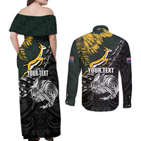 New Zealand and South Africa Rugby Personalised Couples Matching Off Shoulder Maxi Dress and Long Sleeve Button Shirt Maori Kiwi With Springboks LT15 - Polynesian Pride