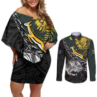 New Zealand and South Africa Rugby Personalised Couples Matching Off Shoulder Short Dress and Long Sleeve Button Shirt Maori Kiwi With Springboks LT15 Black - Polynesian Pride