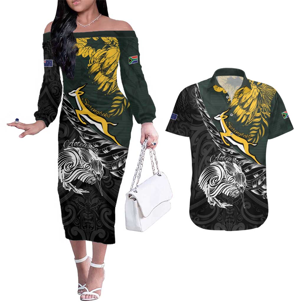 New Zealand and South Africa Rugby Personalised Couples Matching Off The Shoulder Long Sleeve Dress and Hawaiian Shirt Maori Kiwi With Springboks LT15 Black - Polynesian Pride