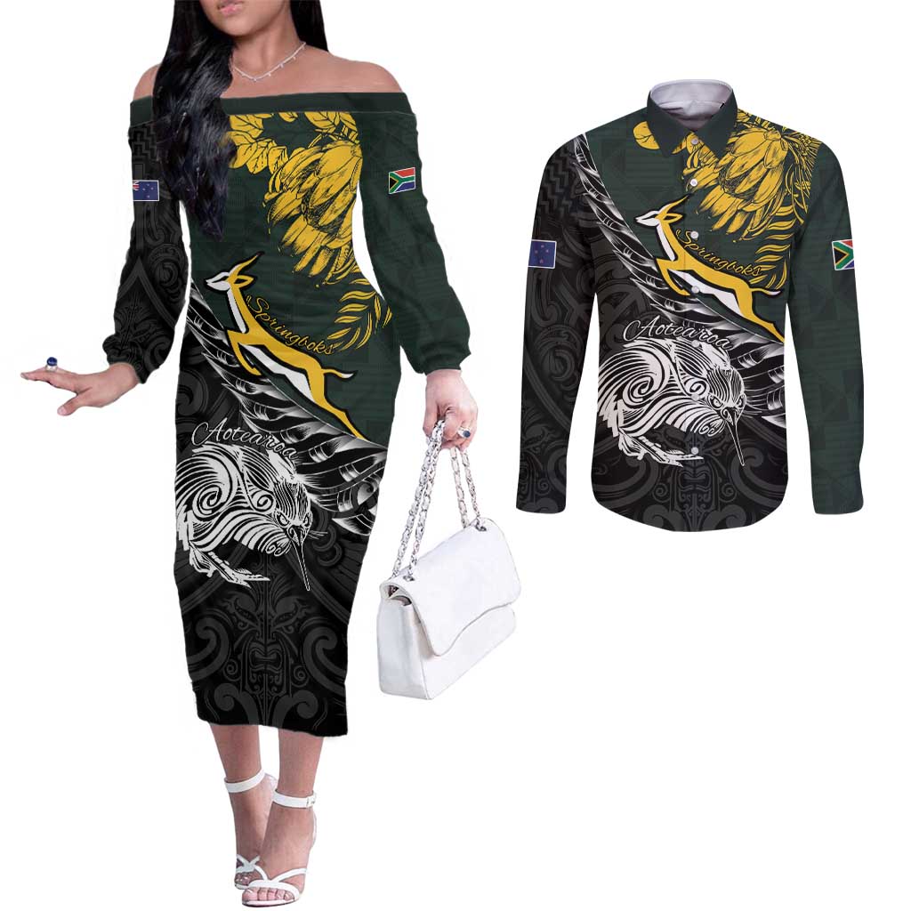 New Zealand and South Africa Rugby Personalised Couples Matching Off The Shoulder Long Sleeve Dress and Long Sleeve Button Shirt Maori Kiwi With Springboks LT15 Black - Polynesian Pride