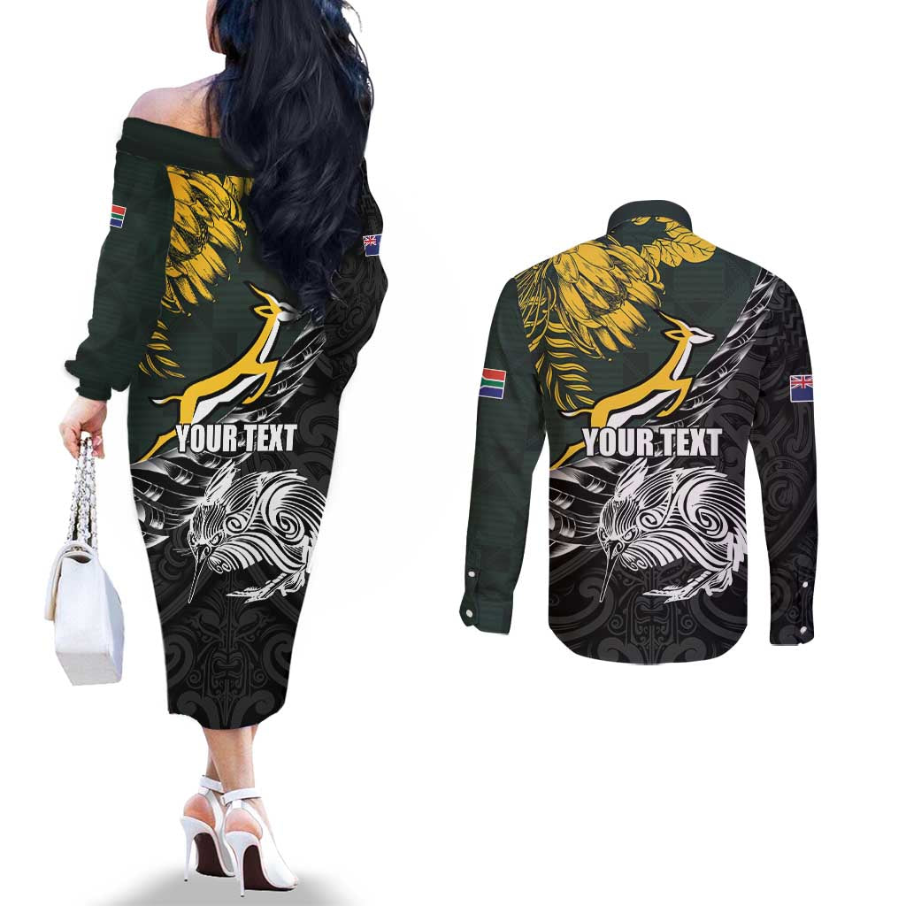 New Zealand and South Africa Rugby Personalised Couples Matching Off The Shoulder Long Sleeve Dress and Long Sleeve Button Shirt Maori Kiwi With Springboks LT15 - Polynesian Pride
