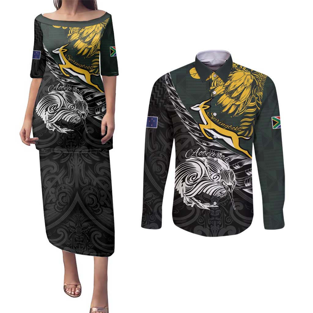 New Zealand and South Africa Rugby Personalised Couples Matching Puletasi and Long Sleeve Button Shirt Maori Kiwi With Springboks LT15 Black - Polynesian Pride