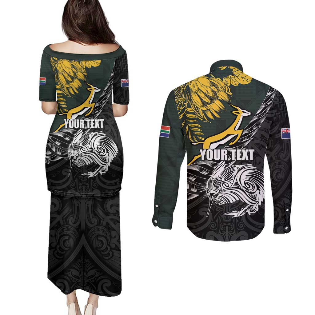 New Zealand and South Africa Rugby Personalised Couples Matching Puletasi and Long Sleeve Button Shirt Maori Kiwi With Springboks LT15 - Polynesian Pride
