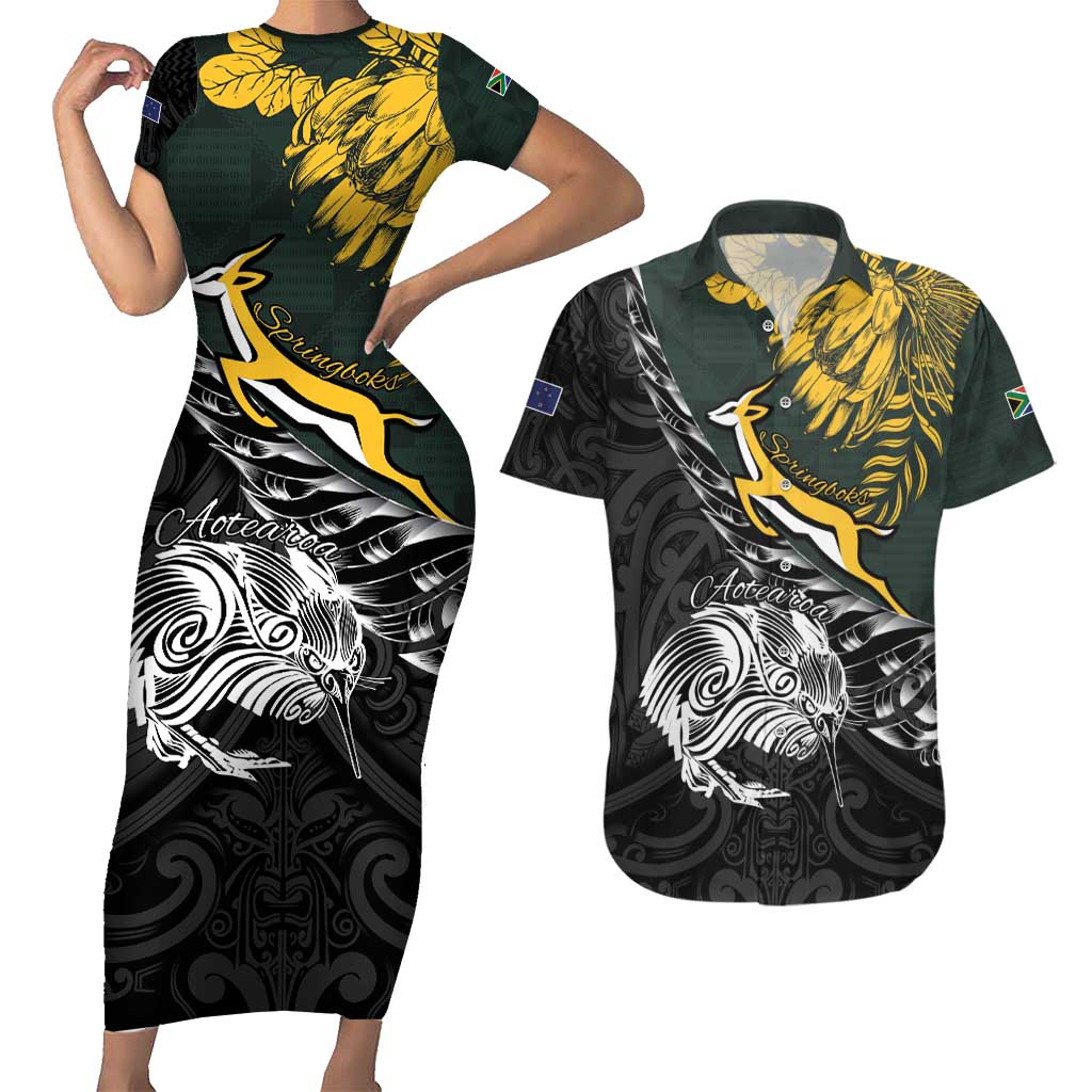 New Zealand and South Africa Rugby Personalised Couples Matching Short Sleeve Bodycon Dress and Hawaiian Shirt Maori Kiwi With Springboks LT15 Black - Polynesian Pride