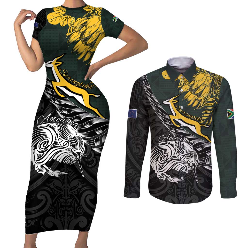 New Zealand and South Africa Rugby Personalised Couples Matching Short Sleeve Bodycon Dress and Long Sleeve Button Shirt Maori Kiwi With Springboks LT15 Black - Polynesian Pride