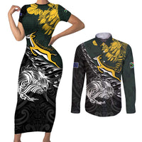 New Zealand and South Africa Rugby Personalised Couples Matching Short Sleeve Bodycon Dress and Long Sleeve Button Shirt Maori Kiwi With Springboks LT15 Black - Polynesian Pride